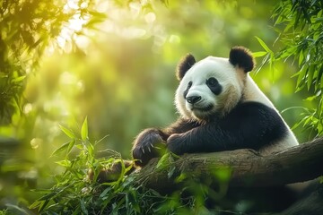 Obraz premium Giant panda lounging on bamboo shoots in a serene forest setting