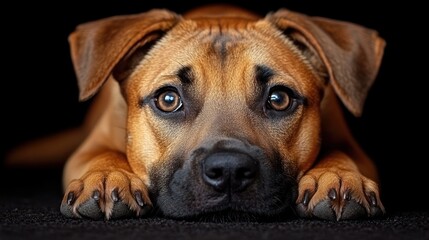 Close-up of a fawn-colored puppy lying down with a serious expression, looking directly at the camera. Dark background emphasizes the puppy's features..