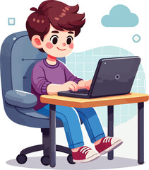 a boy is using his laptop vector