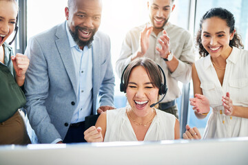 Happy woman, business people clapping or success in call center for reaching target, office bonus or deadline. Group support, computer or excited agent winning with sales achievement, deal or victory