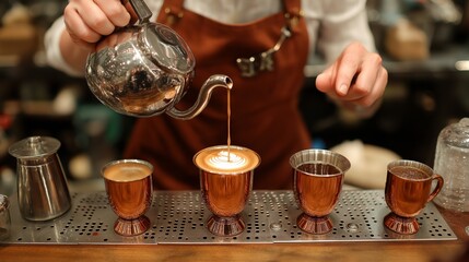 A barista pours latte art into a copper cup, showcasing skillful technique and attention to detail in a coffee shop setting