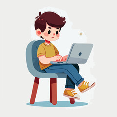 a boy is using his laptop vector