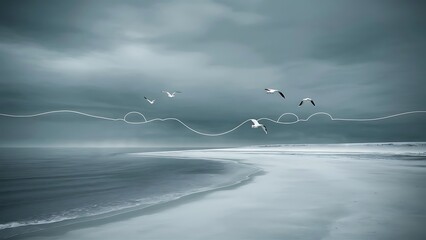 Cloudy blue minimalist seascape. Deserted space. Horizon line. Background.