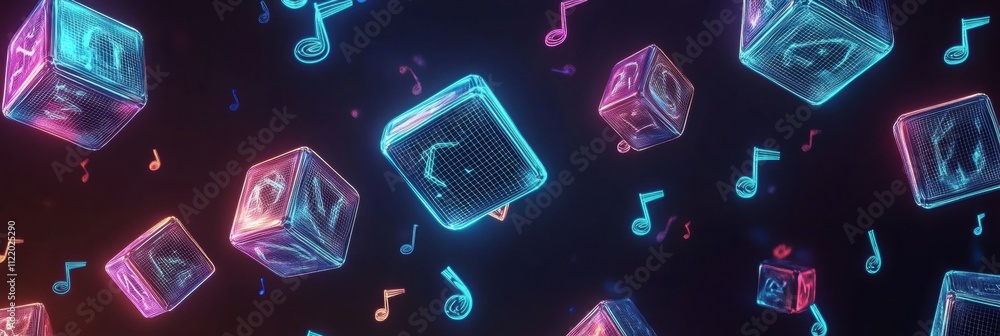 Aufkleber floating cubes emit vibrant colors and musical notes in a captivating 3d abstract design, showcasing