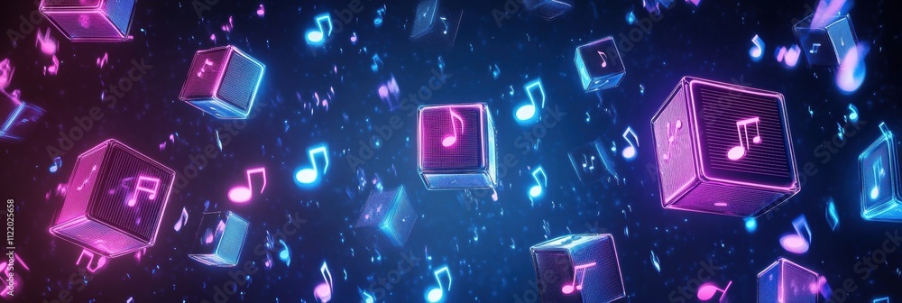 Aufkleber floating musical notes and glowing cubes create a lively 3d abstract composition, showcasing vibrant