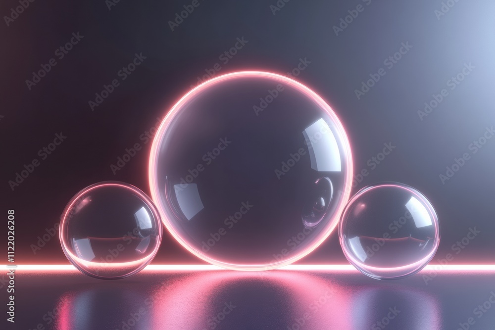 Poster translucent spheres of varying sizes are positioned against a softly illuminated background, highlig