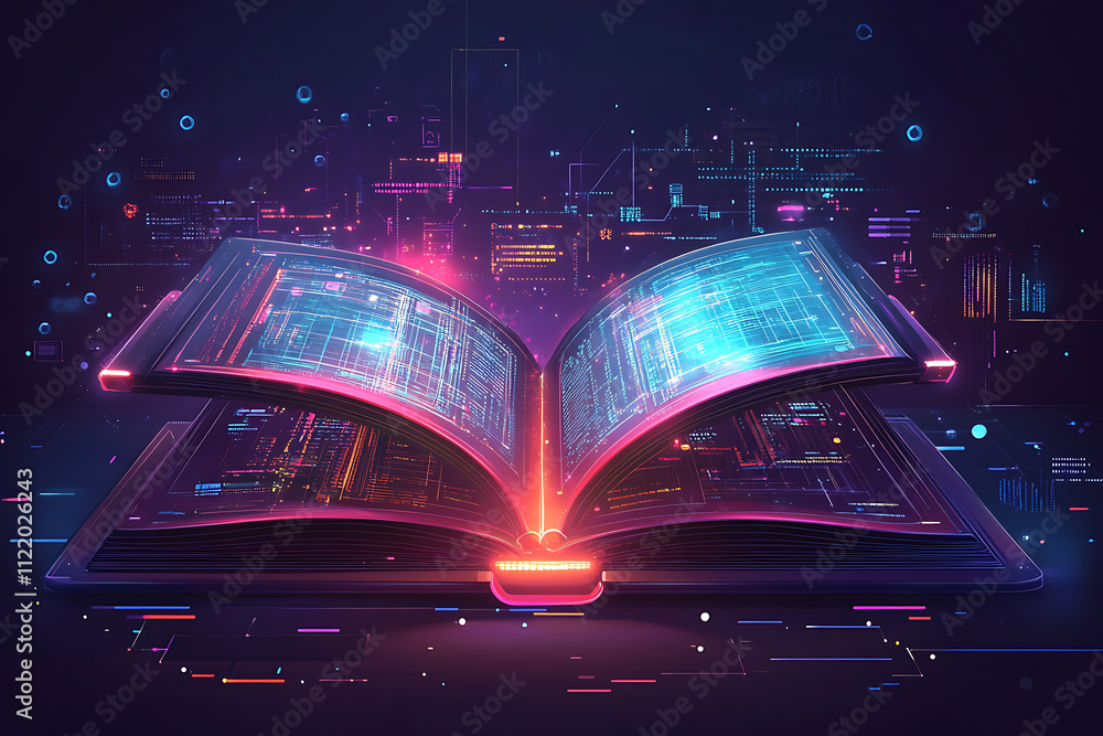 Poster an open book with a glowing digital interface, symbolizing knowledge and technology.