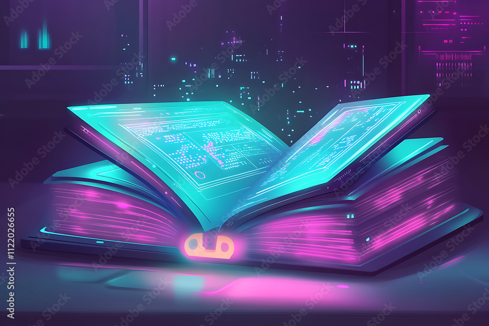 Poster a glowing, futuristic book with digital data floating above it, suggesting advanced knowledge.