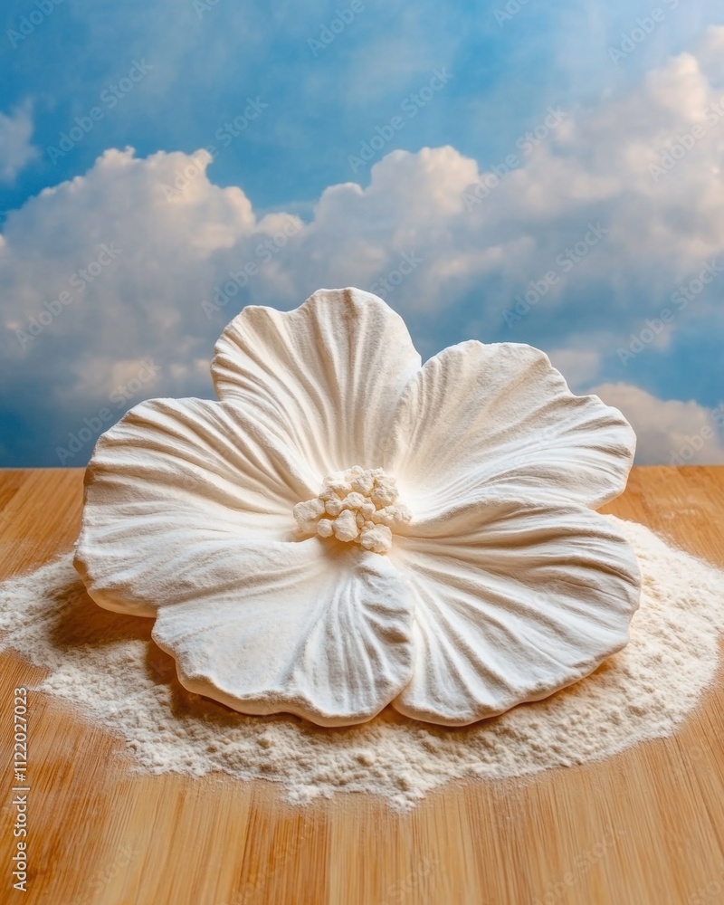Poster an artistic display where flour is arranged into a flower shape on a wooden table
