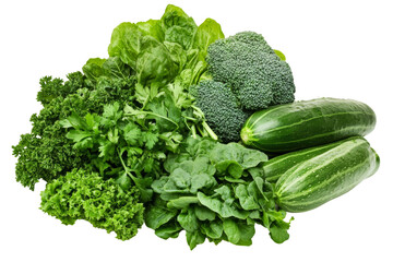 Fresh assortment of green vegetables including spinach, cucumber, broccoli, and herbs, isolated on a white background.