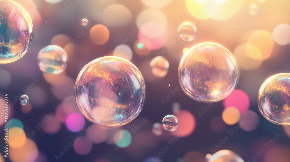 Poster colorful bubbles float in a dreamy atmosphere filled with soft lights, creating a vibrant and visual
