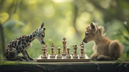 Animals playing chess are thinking about their next move. AI-generated image