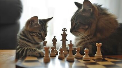 Animals playing chess are thinking about their next move. AI-generated image