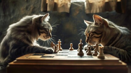 Animals playing chess are thinking about their next move. AI-generated image
