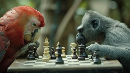 Animals playing chess are thinking about their next move. AI-generated image