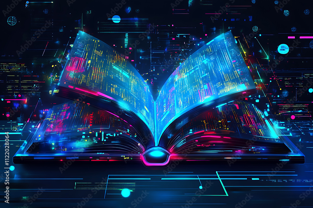 Poster a glowing, digital open book surrounded by abstract data streams and colorful graphics.
