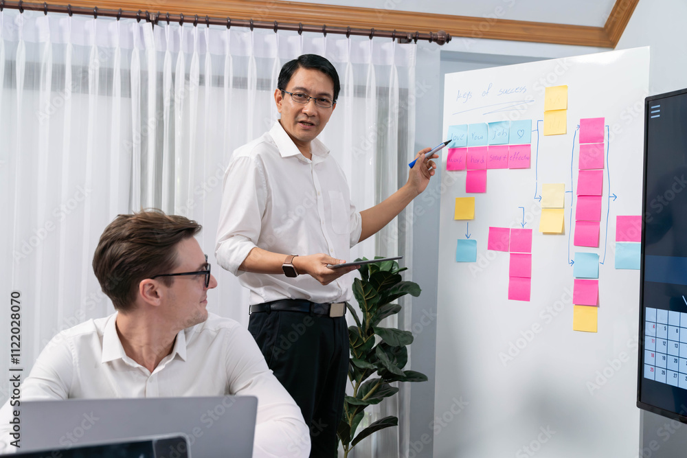 Leinwandbilder Project manager communicate and collaborate with team using project management software display on monitor, tracking progress of project task and making schedule plan at meeting table. Prudent