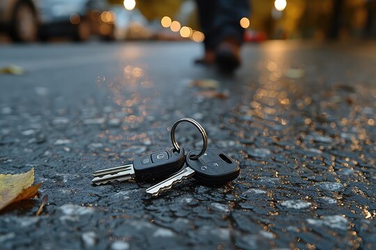 A lost keys on the street and a blurred crowd of people on a city street. Keys forgotten on the street, surrounded by hurried passersby.