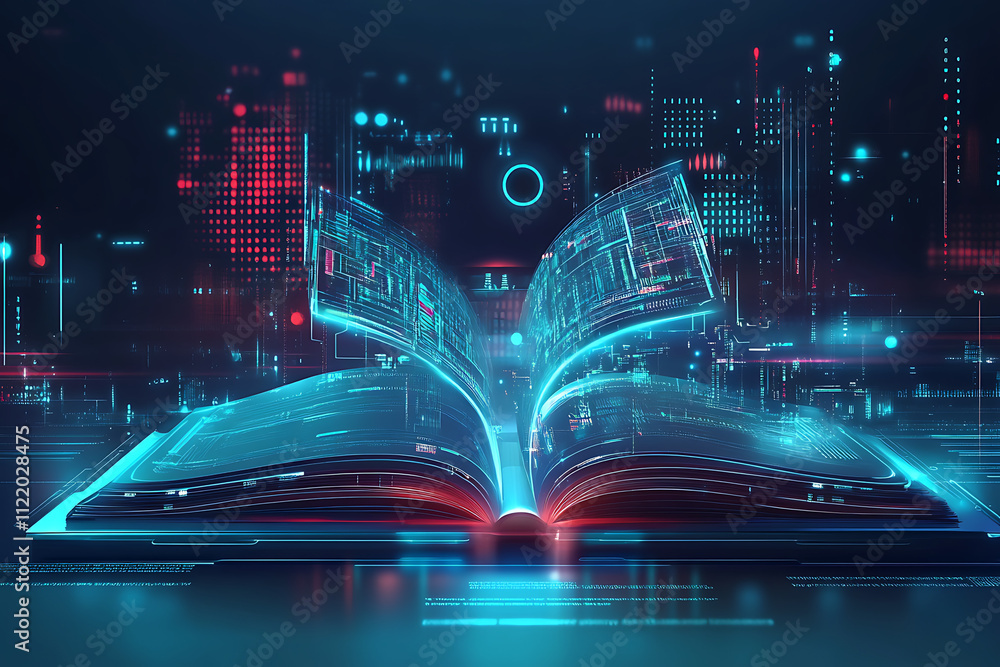 Poster a futuristic open book with digital elements and cityscape, symbolizing knowledge and technology.