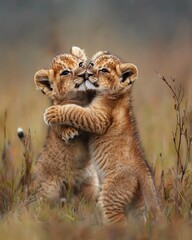 Obraz premium Lion cubs playing in the tall grass, their innocent curiosity vividly captured