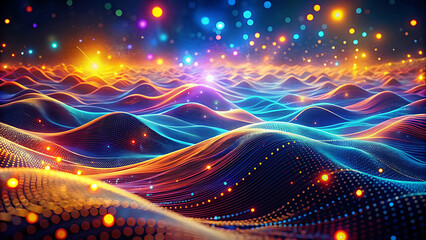 Obraz premium Detailed Digital Art of Abstract Landscape with Flowing Waves and Glowing Particles in Neon Blue, Orange, and Purple Futuristic Dynamic Scene with Intricate Patterns