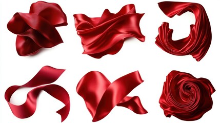 Fototapeta premium Collection of red satin ribbons in various curled and straight shapes isolated on white perfect for festive and decorative designs