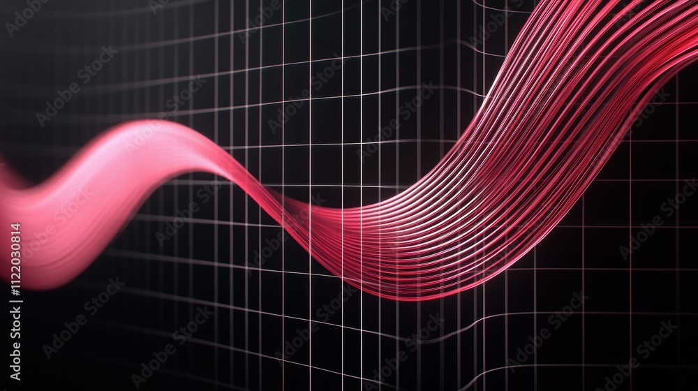 Poster dynamic oscillating pink lines on a black grid design evoking energy motion or sound in a sleek abst