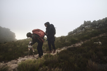 Obraz premium People, hiking and outdoor fitness with dog, extreme terrain and nature for winter adventure. Path, friends and trekking journey on remote vacation, explore wilderness and pet animal for affection