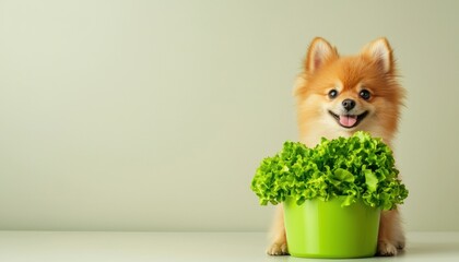 Obraz premium Adorable dog next to a salad bowl on a white background whimsical depiction of pets and fresh food promoting healthy habits