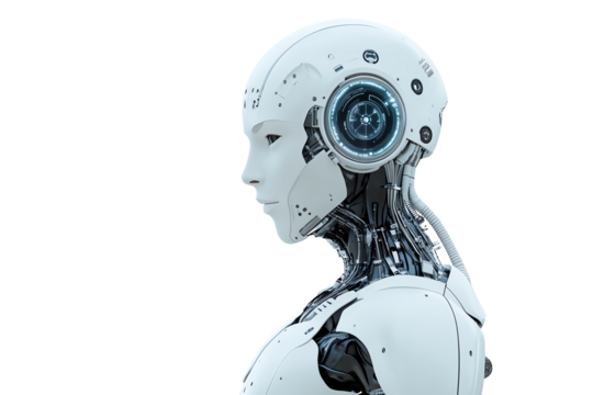 Futuristic robot head in profile view, showcasing advanced artificial intelligence features and sleek design, white isolated background.