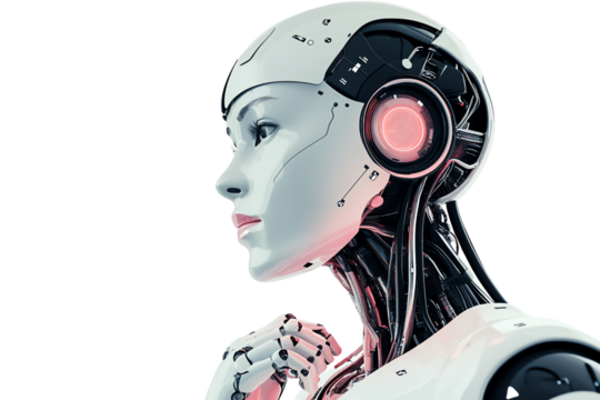 Futuristic humanoid robot profile with intricate circuitry, featuring a modern design and glowing elements, isolated on white background.