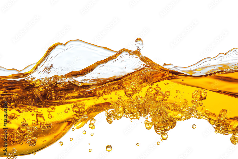Poster golden liquid splashing in waves, perfect for background use, showcasing dynamic movement and refres
