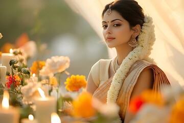 Young Woman Serene Gaze Festive Flowers Jewelry Lighting Style