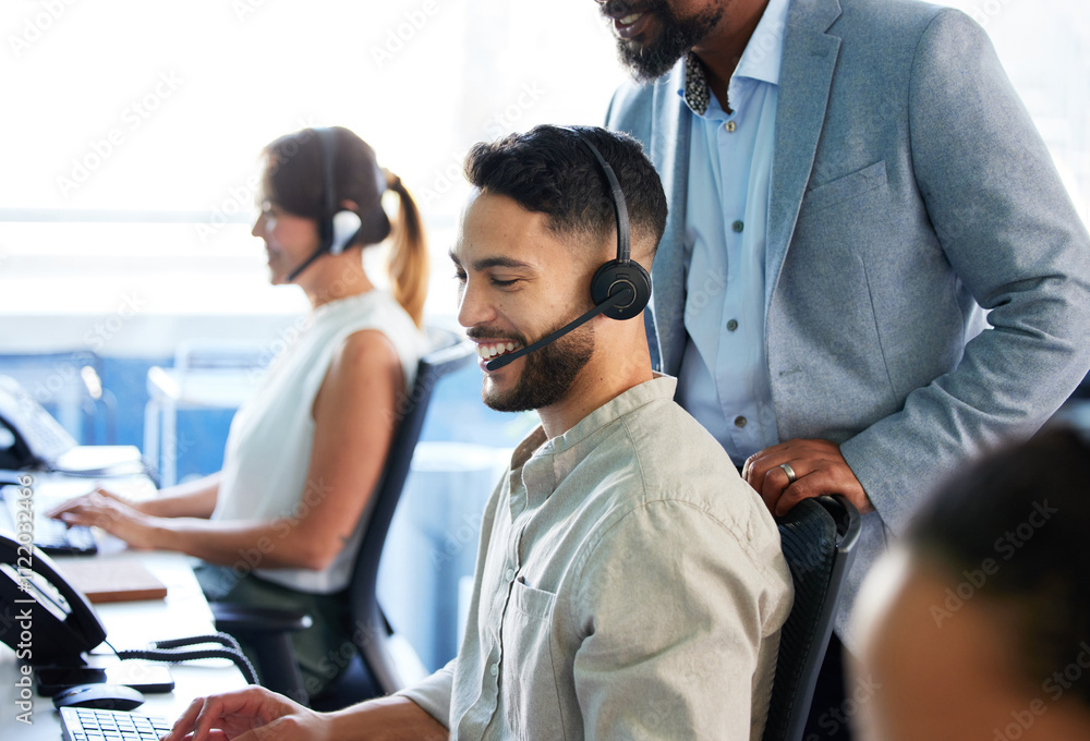 Aufkleber call center, help and man in training with leader for learning telemarketing and customer service. a