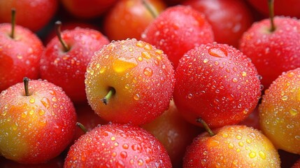 Close-up of ripe, red plums with water droplets.