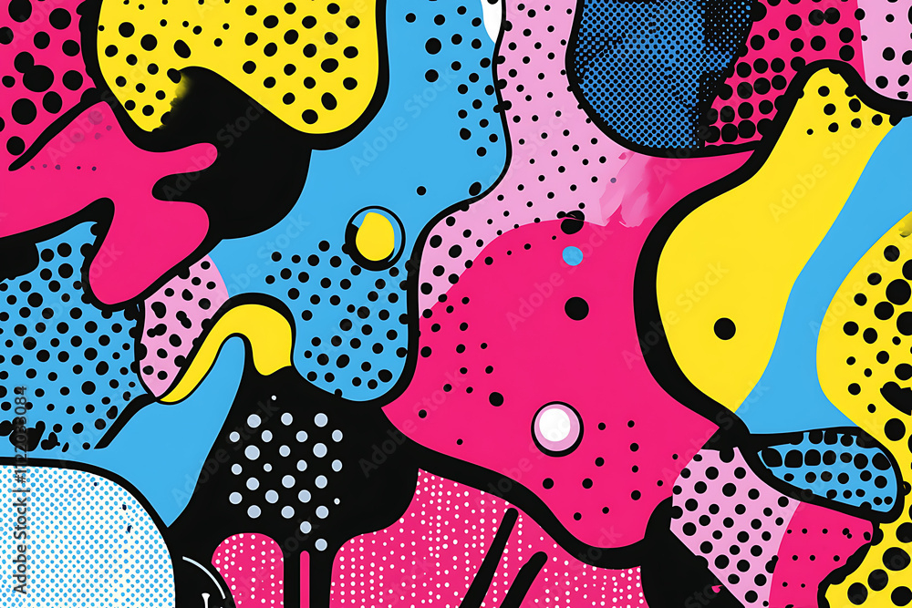 Poster abstract colorful shapes and patterns with dots and curves creating a vibrant design.