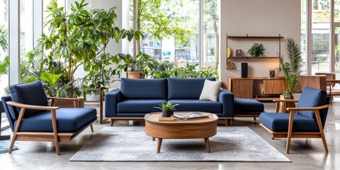 Fototapeta premium A cozy living room featuring a stylish blue sofa with wooden accents, blending warmth and modern design.