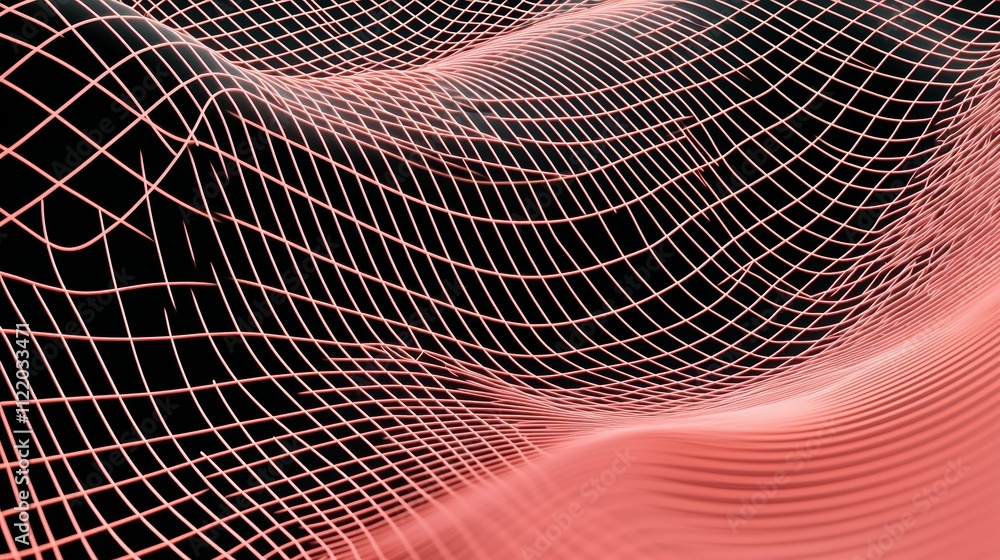 Poster dynamic oscillating pink lines on a black grid design evoking energy motion or sound in a sleek abst