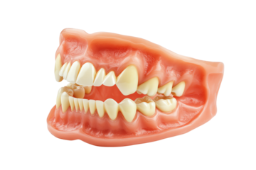 Model of human teeth showing dental structure with detailed anatomy, educational tool for dental studies, isolated on a white background.