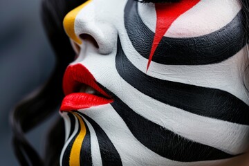Close Up Of Bold, Artistic Makeup, Featuring Zebra Stripes, Vibrant Colors For Fashion Week Beauty