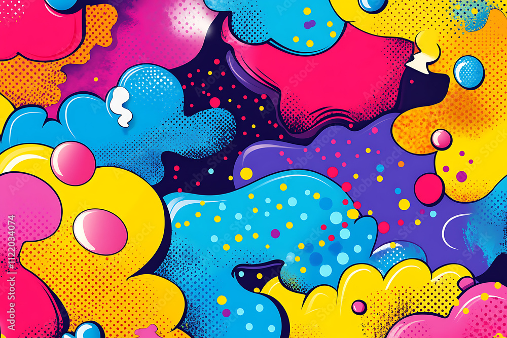 Poster vibrant abstract design featuring colorful, playful shapes and patterns.