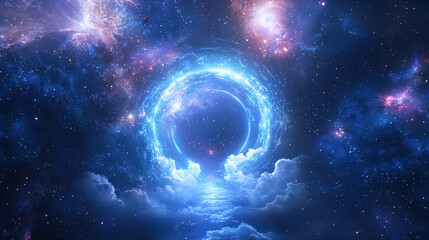 Fototapeta premium A stunning cosmic scene showcases a swirling portal in a deep blue universe. The background is filled with a myriad of stars and nebulae, creating a vibrant tapestry of purples, blues, and hints of pi