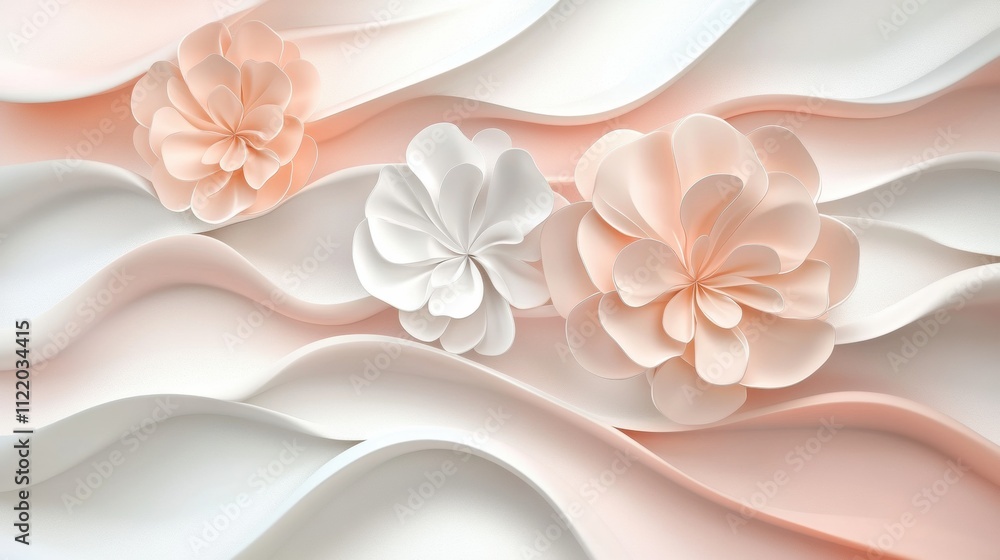 Poster delicate flowers in soft shades of pink and white drift along flowing waves in a 3d abstract design,