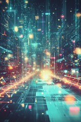 Fototapeta premium Vibrant digital cityscape with neon lights and data streams.