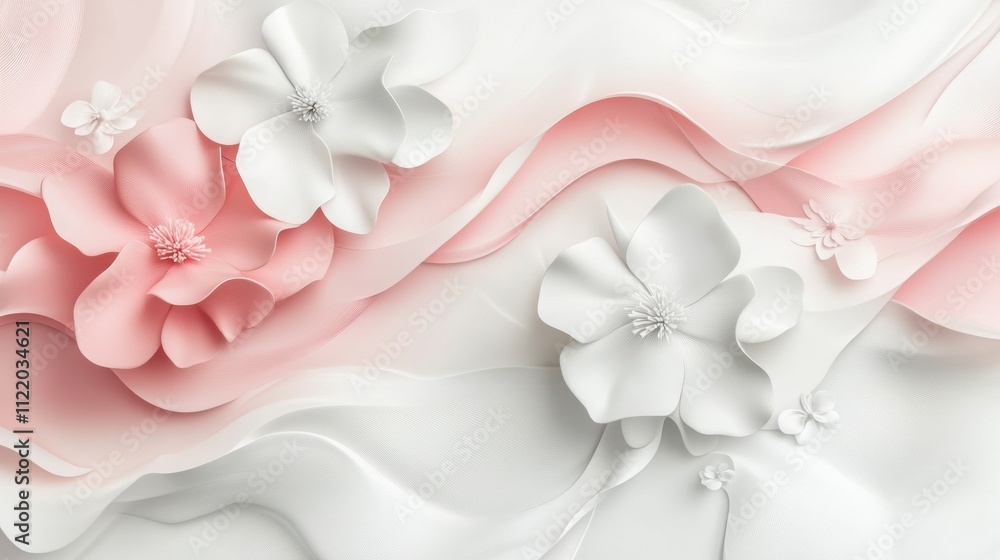 Poster soft floral elements blend in a 3d abstract design featuring gentle pink and white hues, providing a