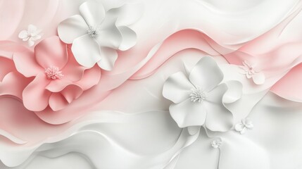 Soft floral elements blend in a 3D abstract design featuring gentle pink and white hues, providing a calming visual space for creativity. Generative AI