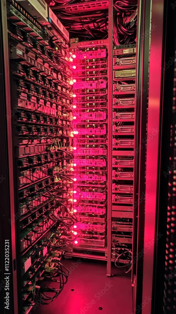 Poster data storage infrastructure with glowing red lights showcases advanced technology in server room