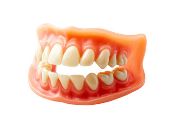 Fototapeta premium Realistic denture model featuring a full set of upper and lower teeth, displayed against a white isolate background for dental education and illustration.