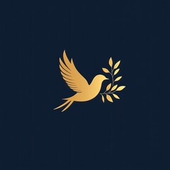 Obraz premium Golden dove with olive branch, peace symbol on dark background.
