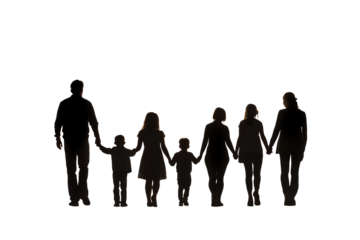 Silhouette of a family holding hands, representing unity and togetherness, captured against a white background.
